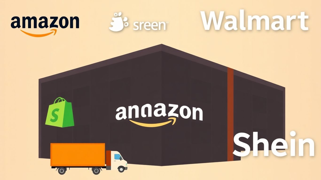 Amazon, Shopify, Walmart, Shein logos with fulfillment center.
