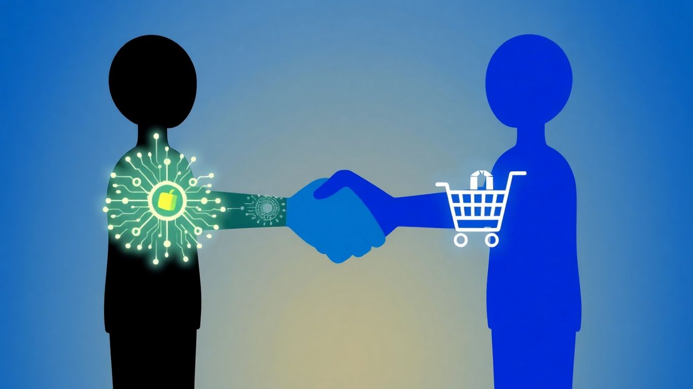 Shopify and OpenAI handshake merging commerce and AI.