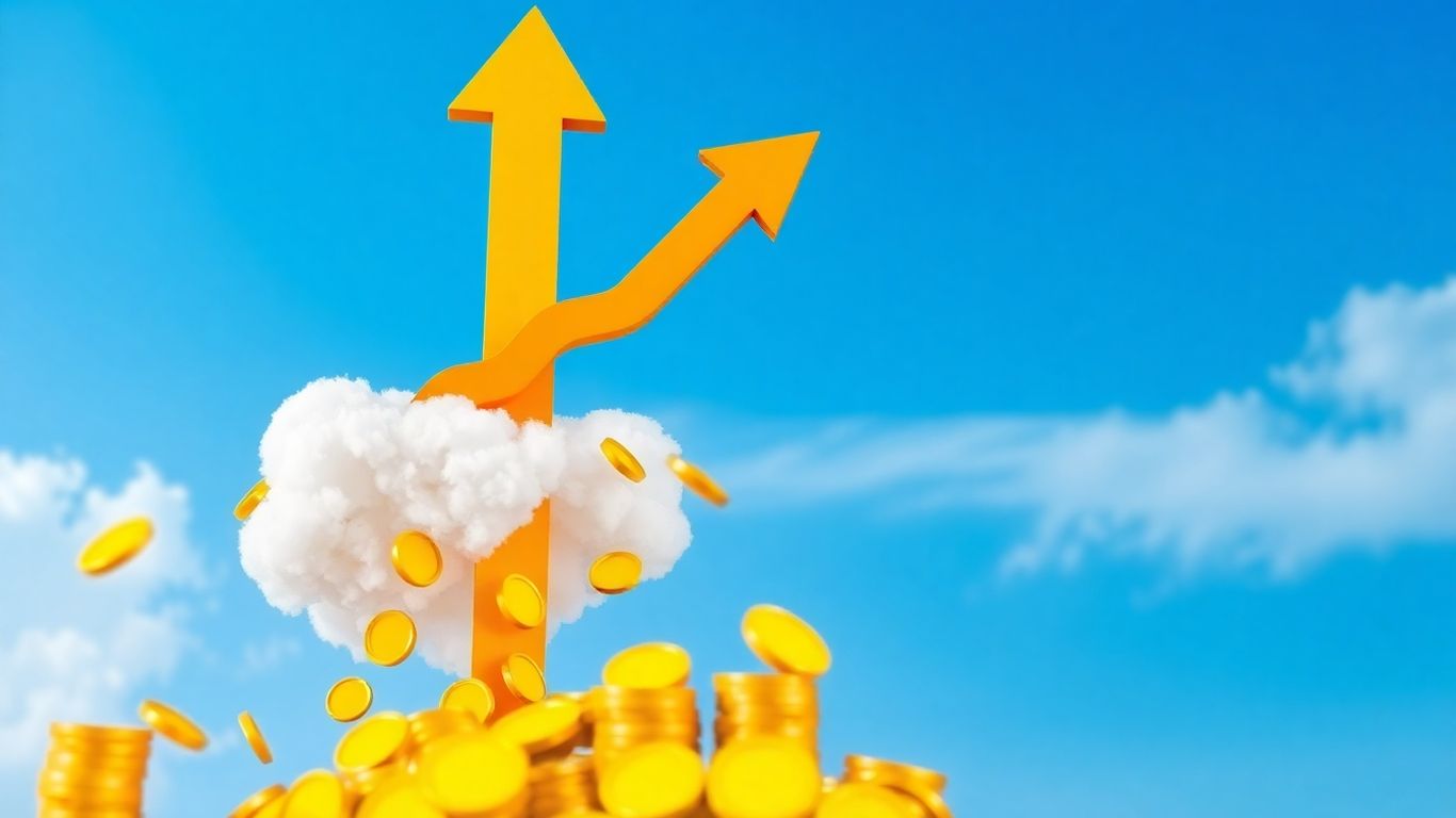 Shopify stock price surging upwards with falling gold coins.