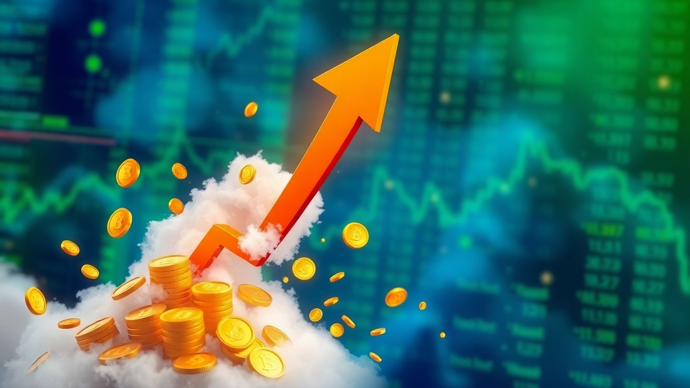 Shopify stock soaring upwards with golden coins.