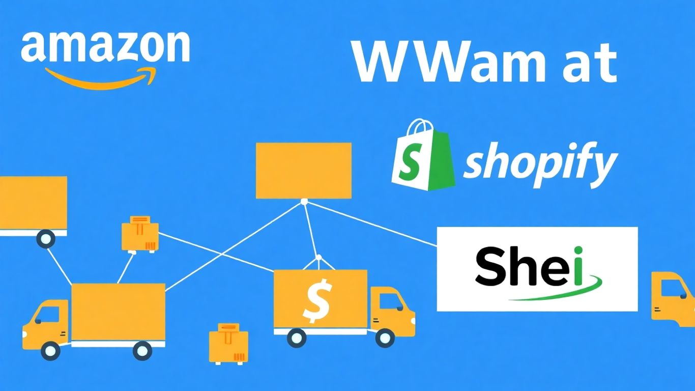 Amazon, Walmart, Shopify, Shein logos with delivery trucks.