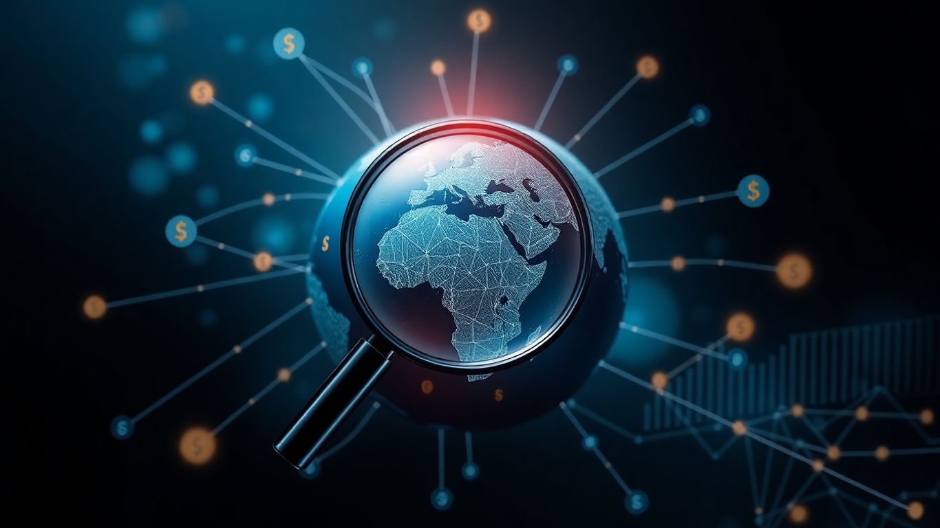 Globe with trade routes and currency symbols.