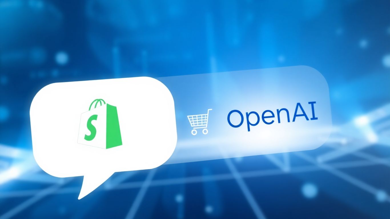 Shopify and OpenAI logos in a chat interface with shopping cart.