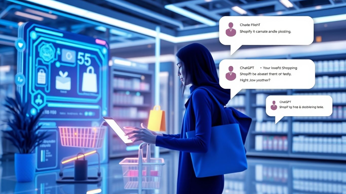 Futuristic online checkout with shopper and chatbot interface.