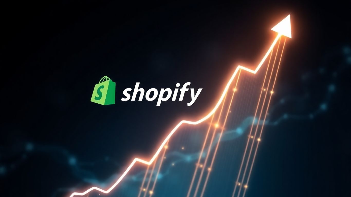 Shopify stock chart rising with AI elements.