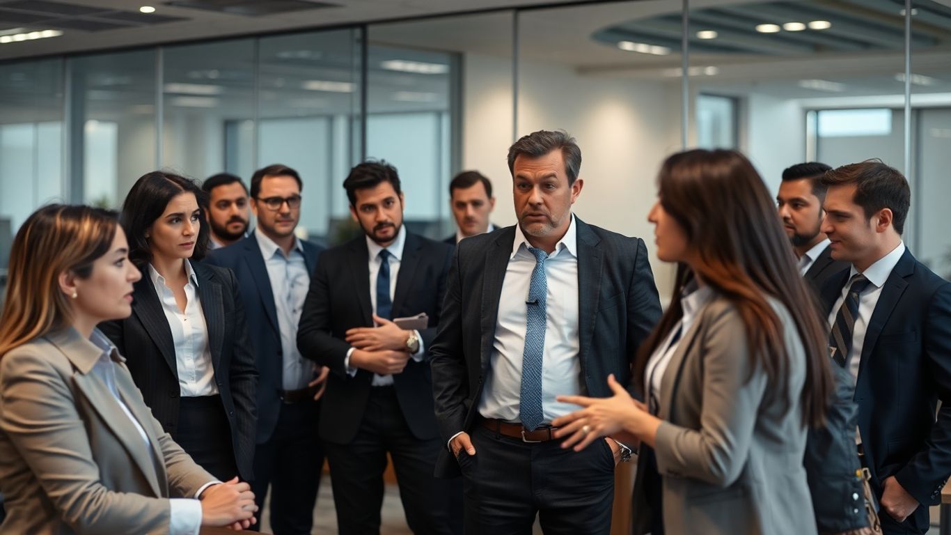 Concerned executives discussing in a modern office