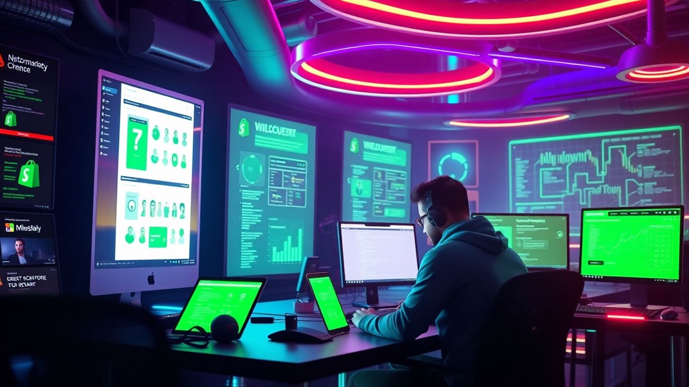 Developers working with futuristic web interfaces and devices.