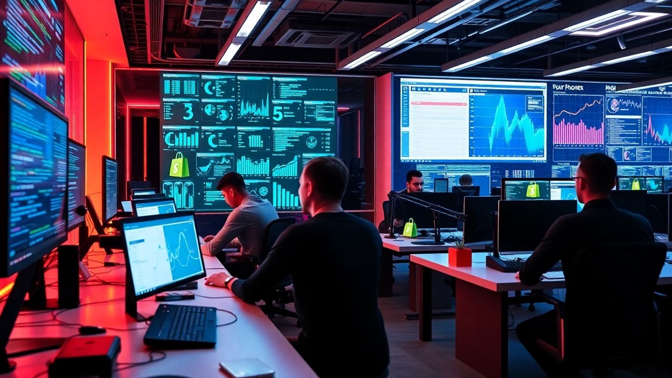 Modern workspace with Shopify colors and data streams