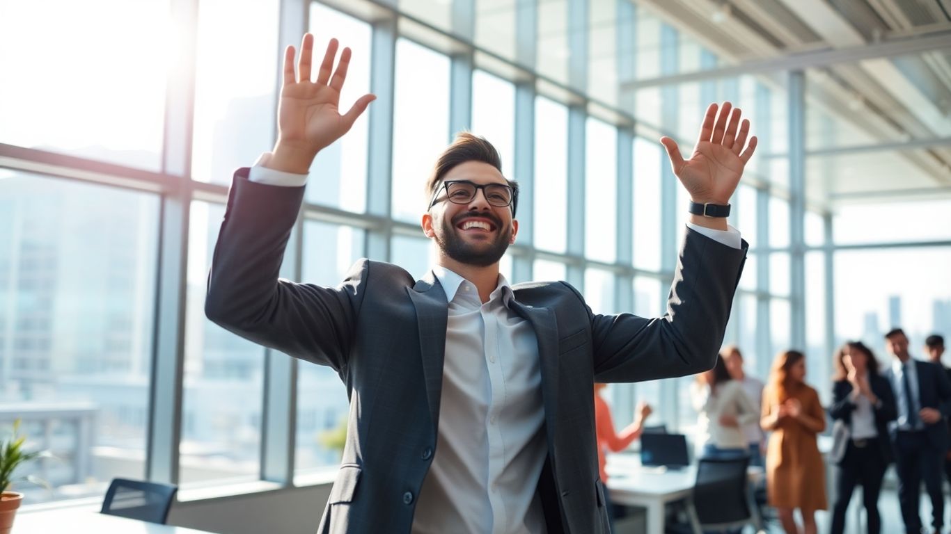 Excited businessperson celebrating in a city office setting