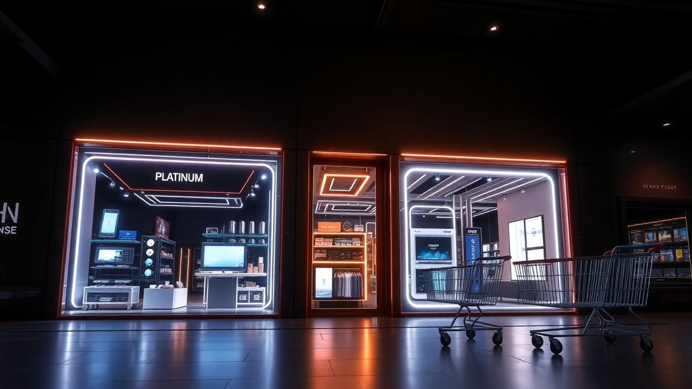 Platinum-themed digital storefronts and futuristic shopping carts