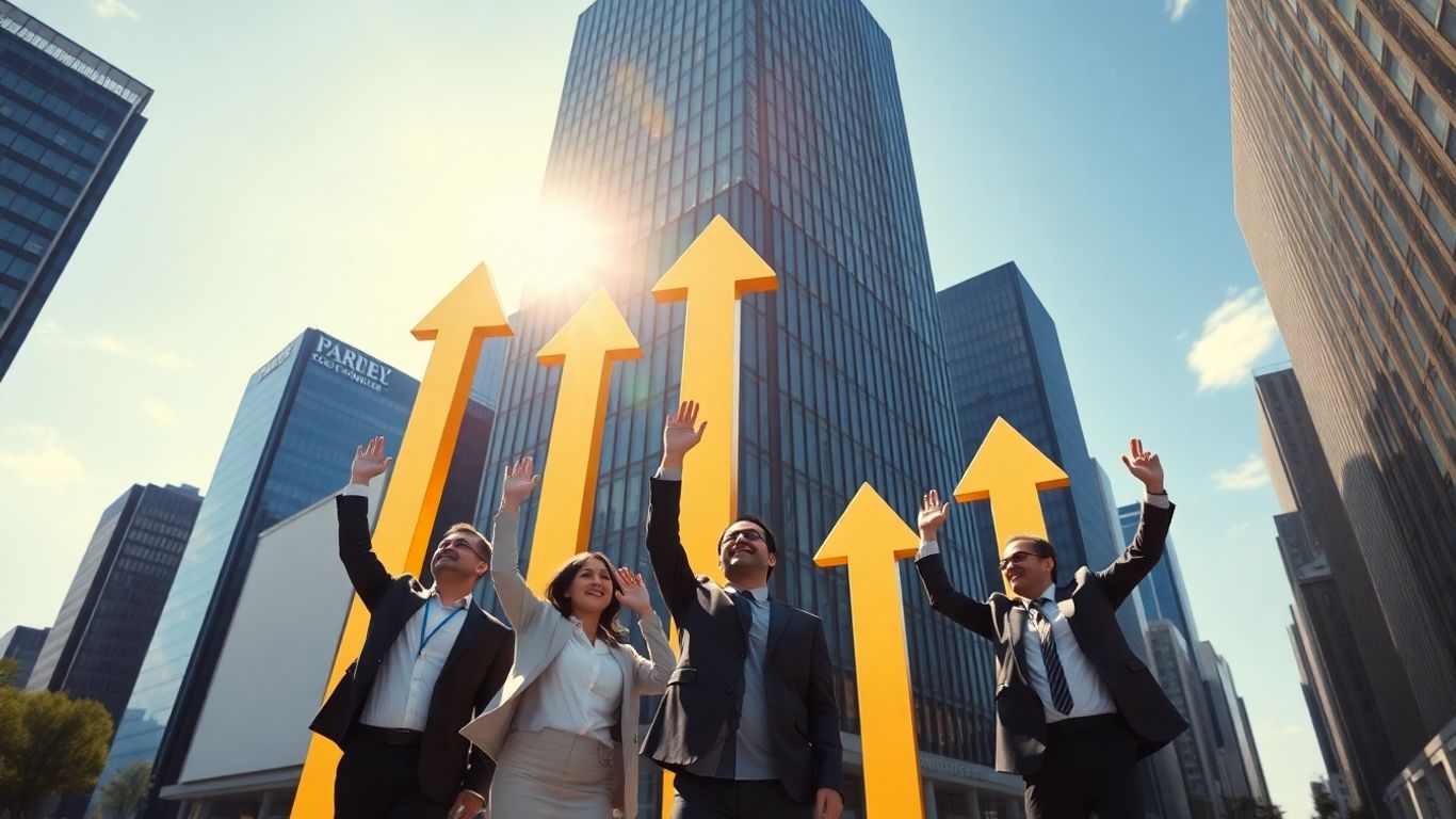 Business professionals with golden arrows and city skyline