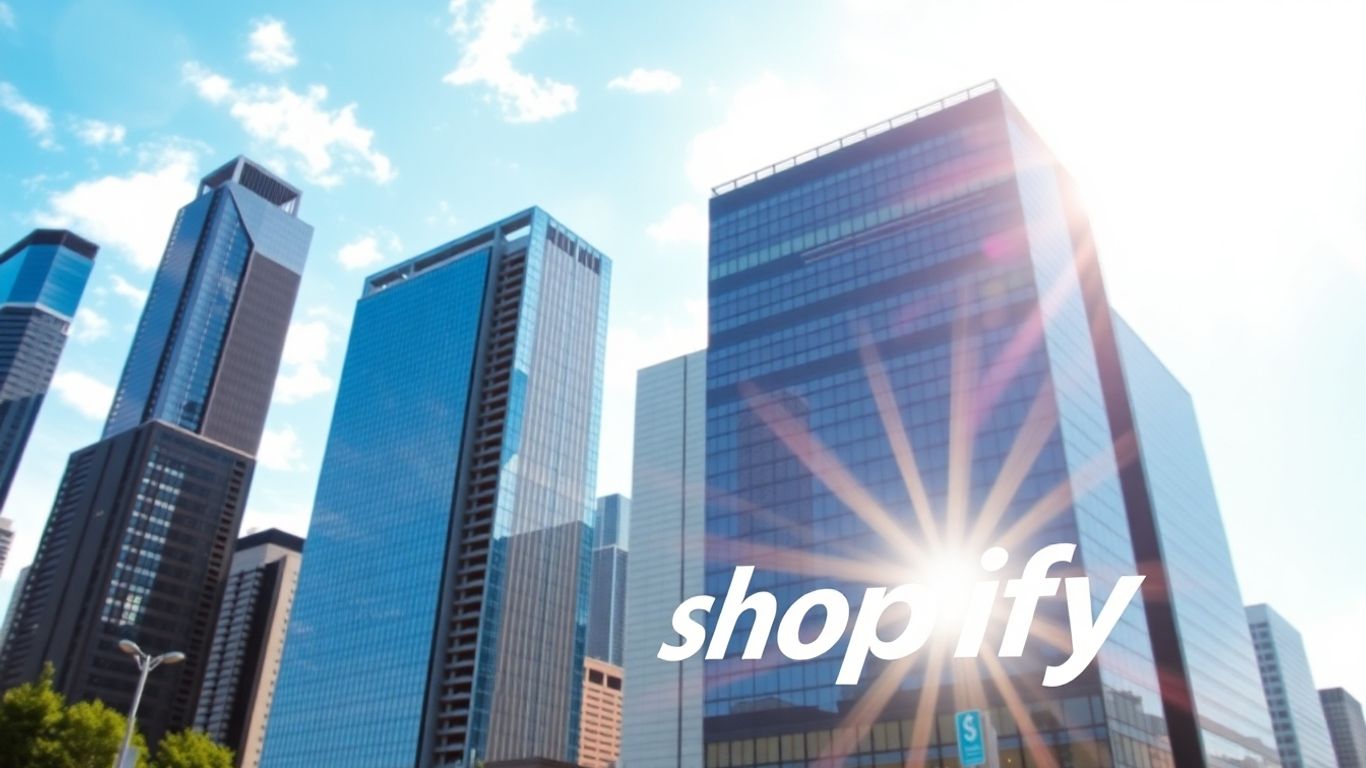 Shopify logo over city skyline with blue skies