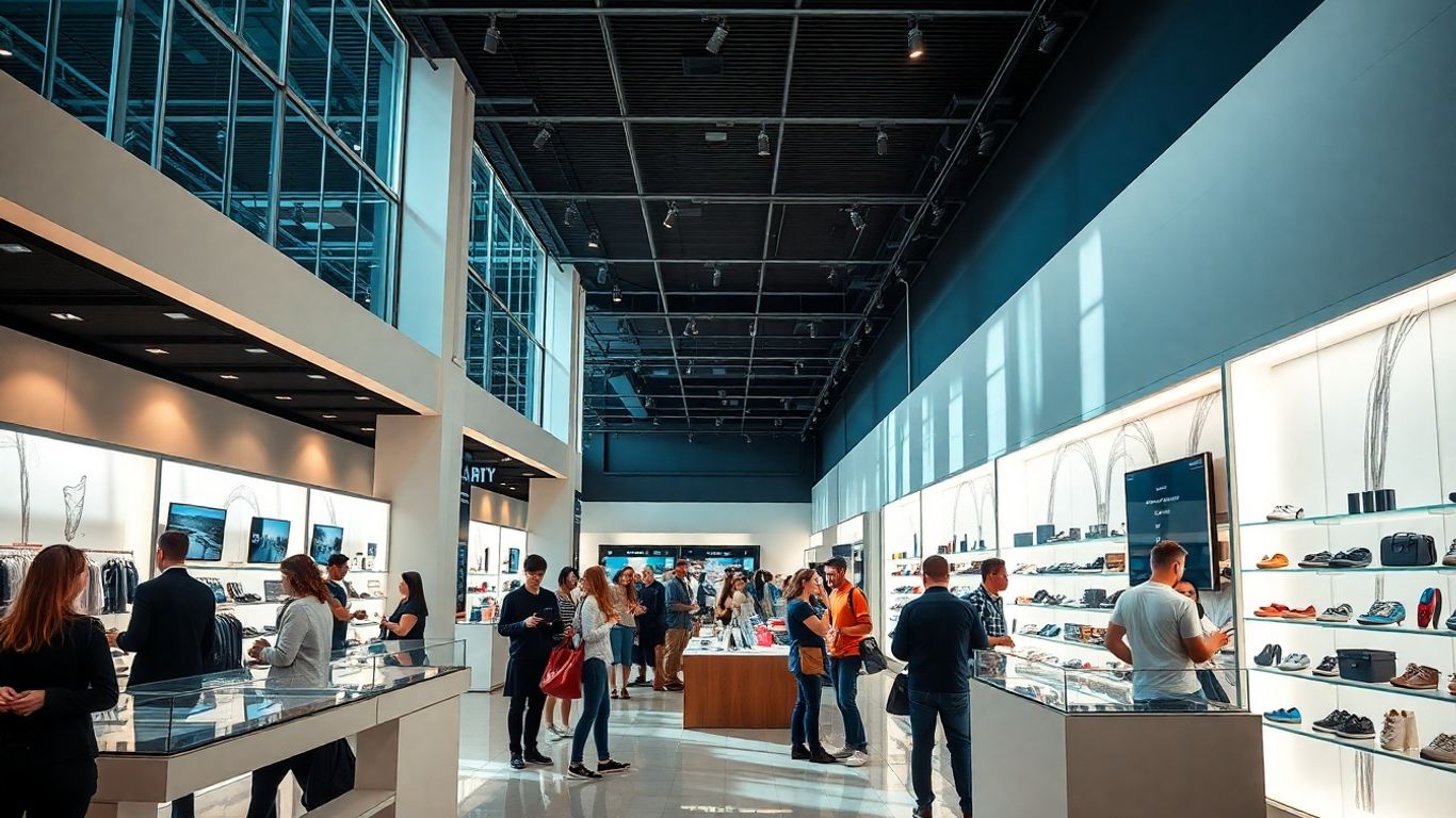 Modern retail store interior with customers browsing products.
