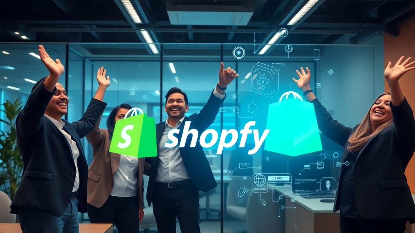 Business team celebrating Shopify AI integration success