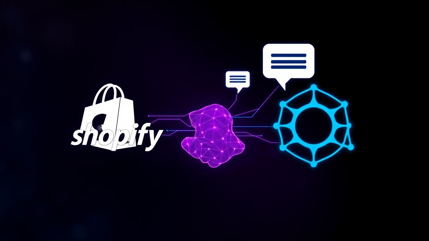 Shopify and OpenAI logos merging with code and chat bubbles.