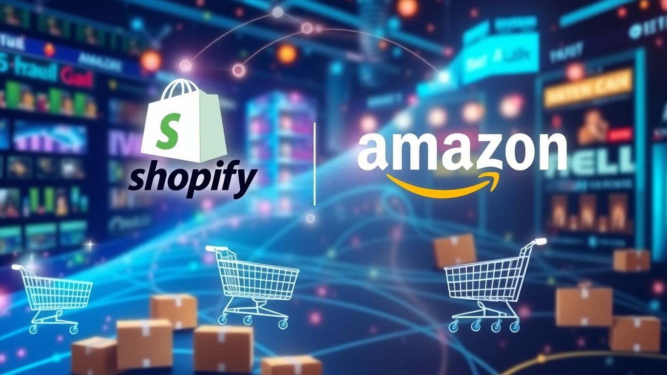 Shopify and Amazon logos with digital commerce visuals