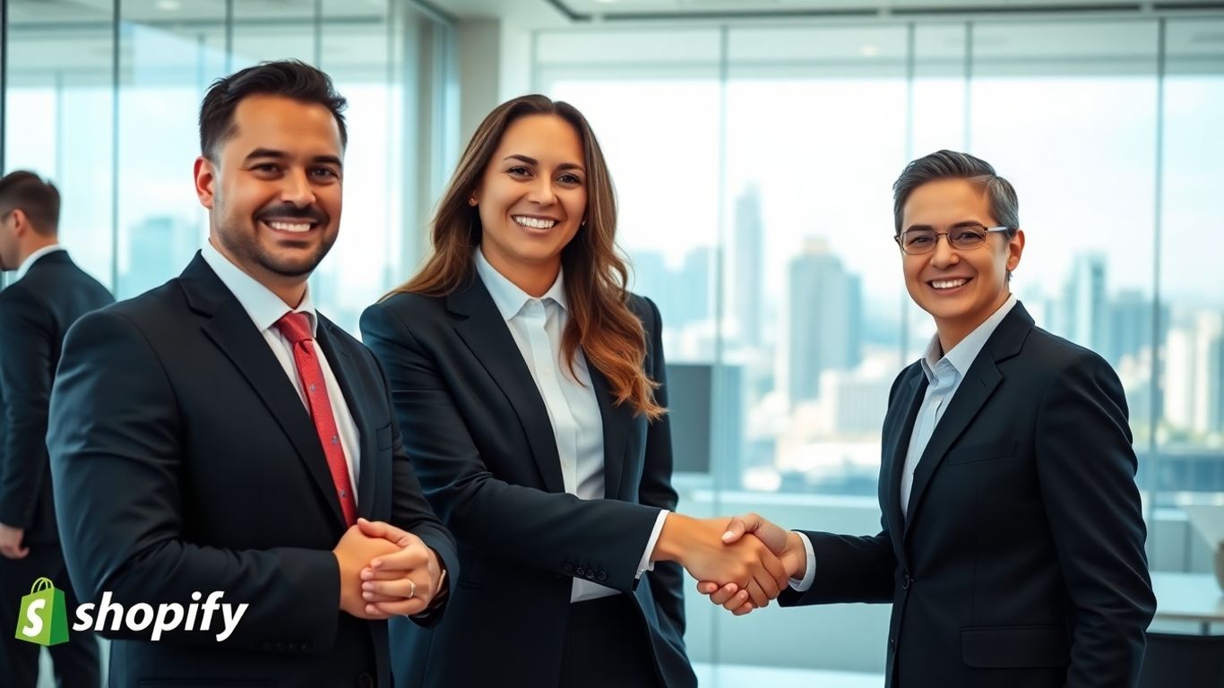 Business executives meeting in modern office, Shopify logo visible.