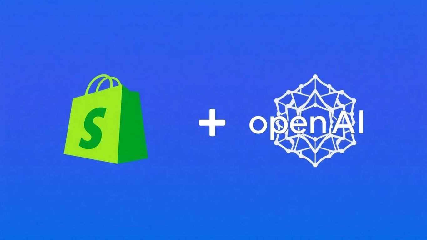 Shopify and OpenAI logos merging with digital threads.