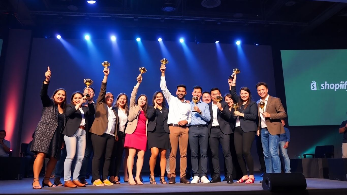 Business professionals celebrating Shopify agency awards on stage