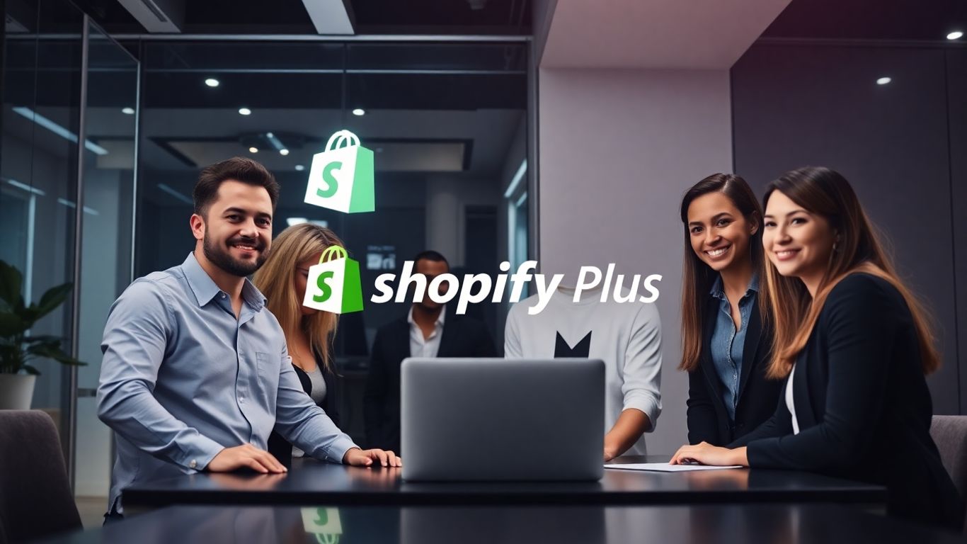 Business team collaborating with Shopify Plus branding