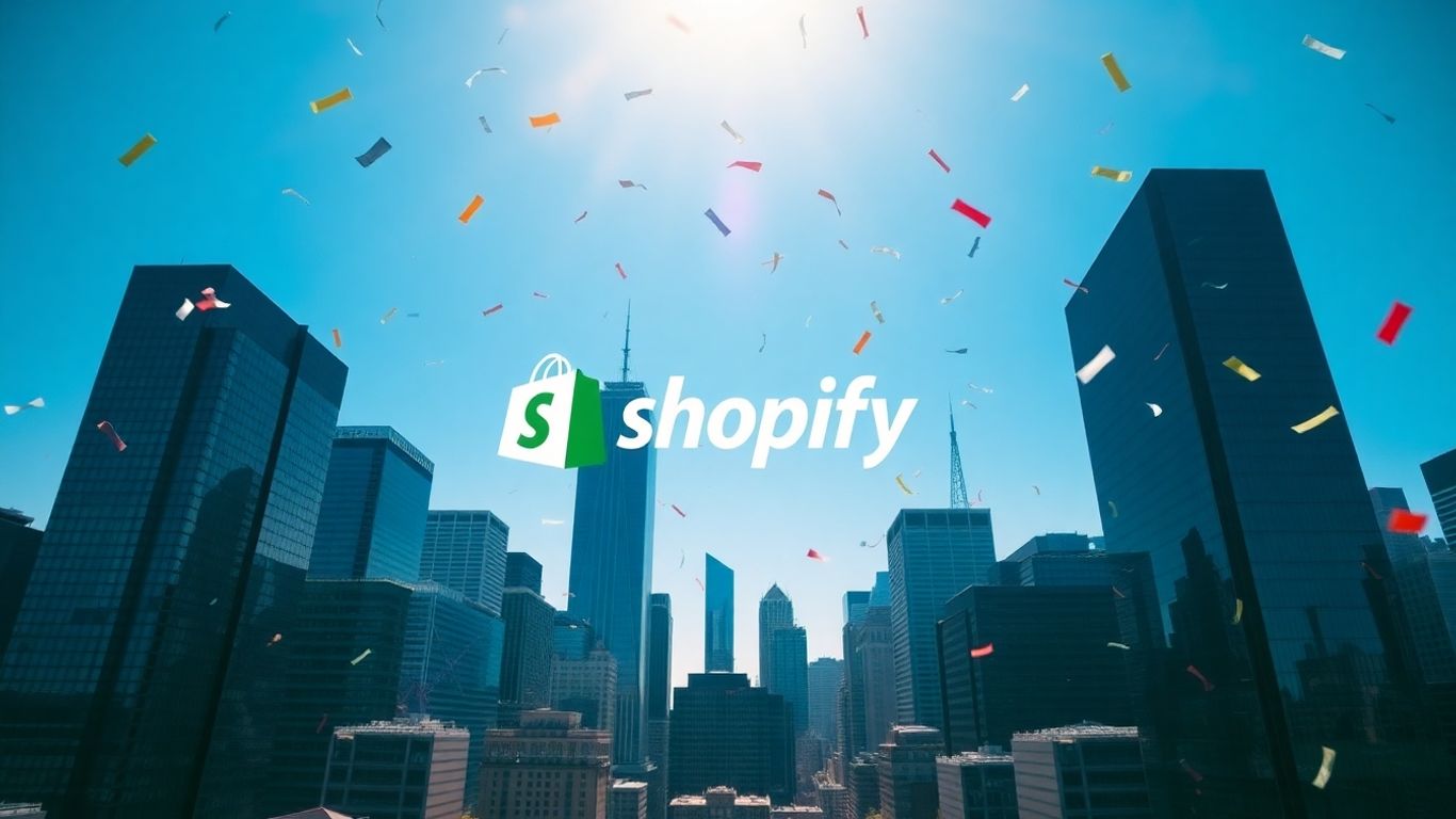 Shopify logo above city skyline with celebratory confetti.