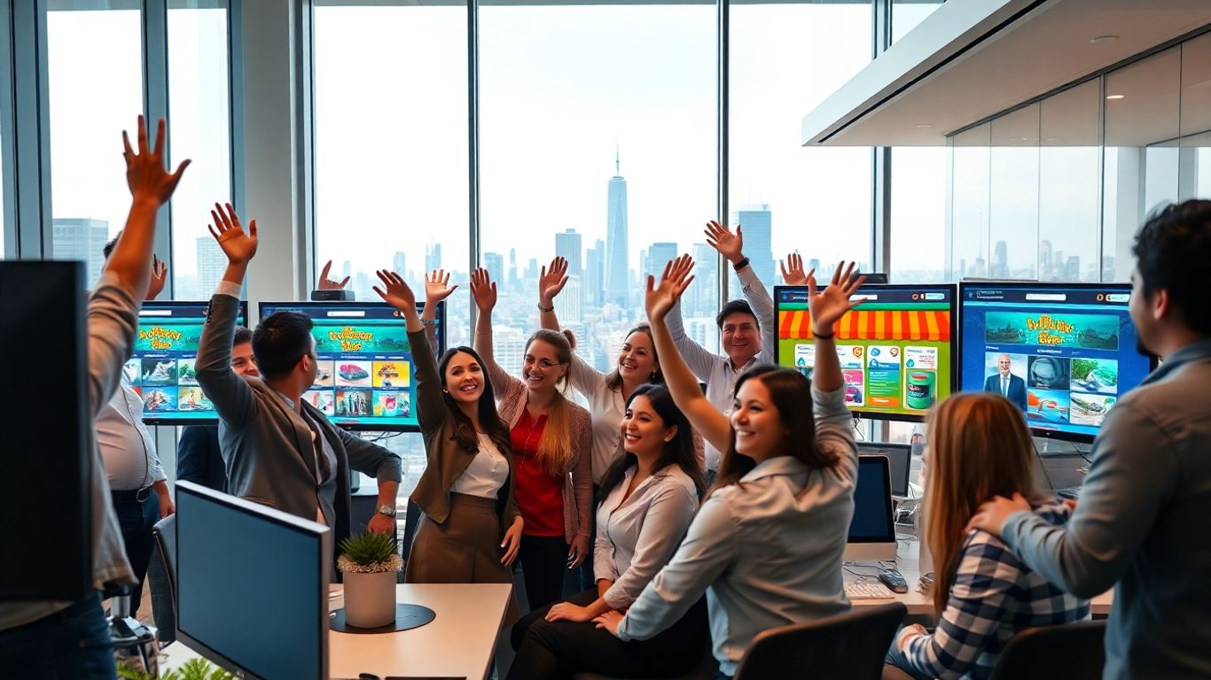 Business team celebrating Shopify's global success