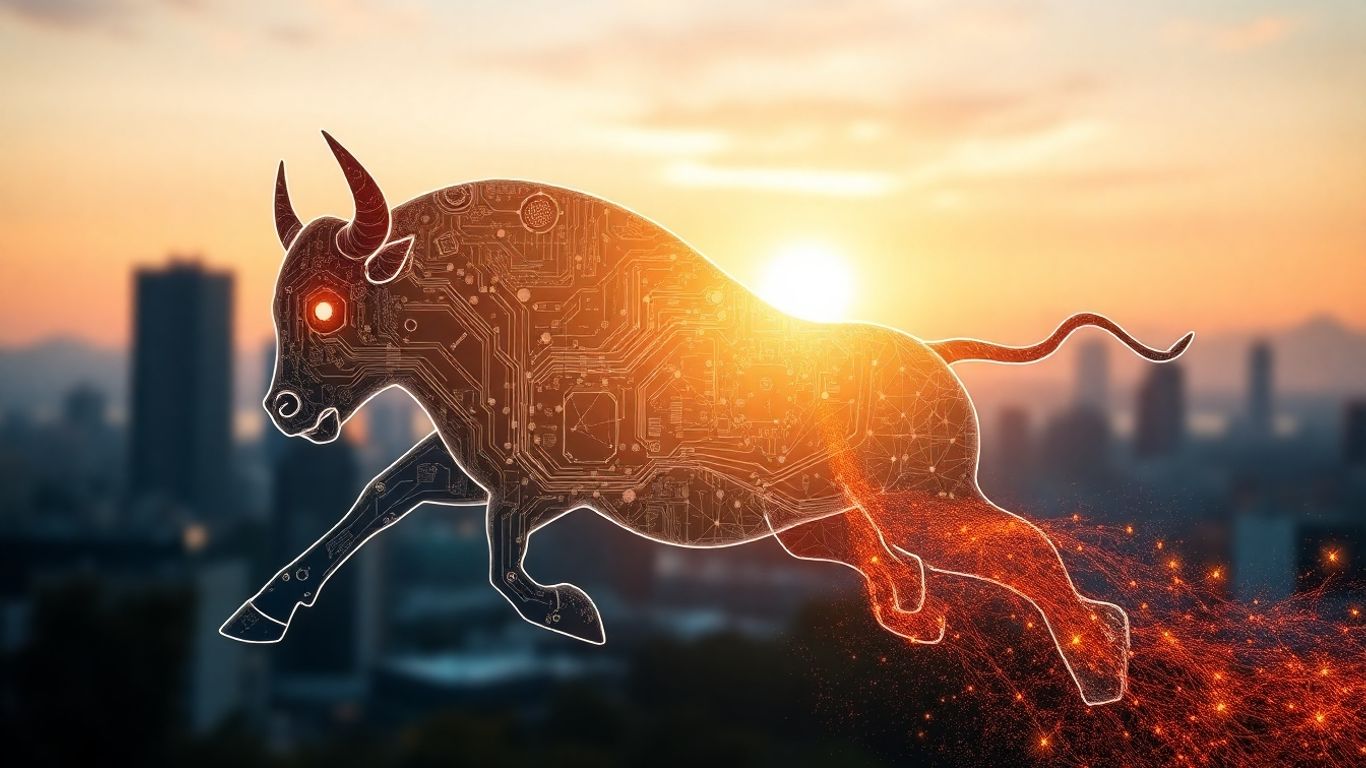 Shopify bull with AI integration and city background.