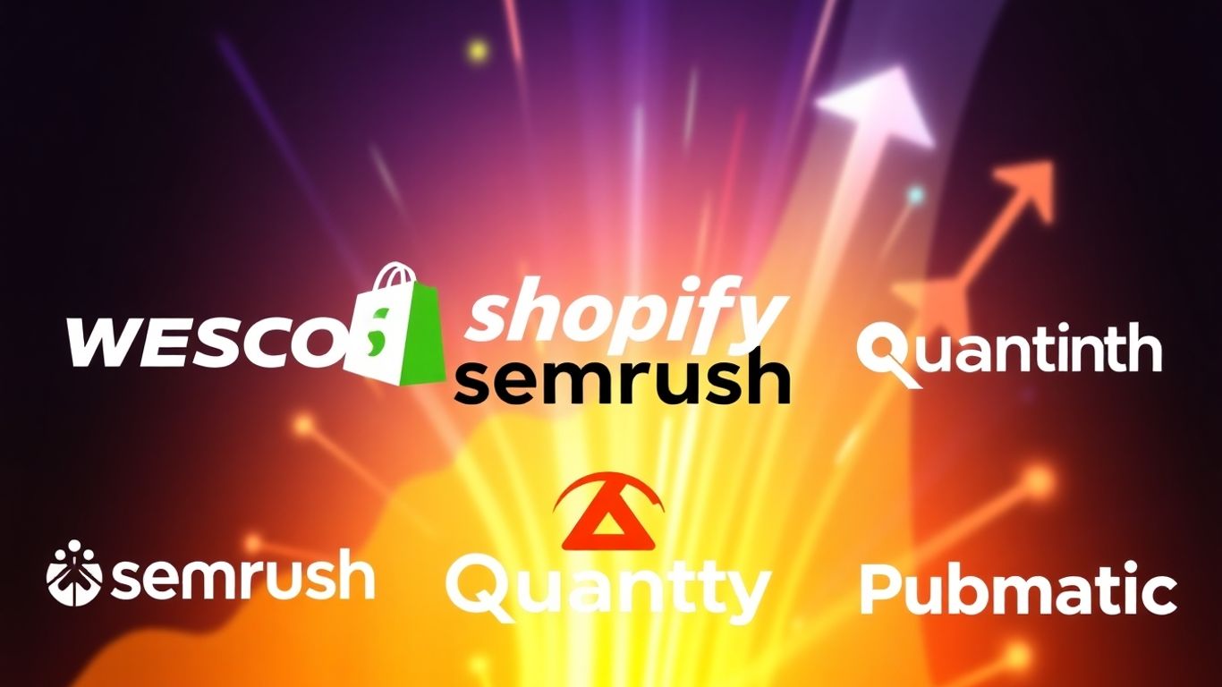 Company logos WESCO, Shopify, Semrush, Quanta, PubMatic with bright colors.