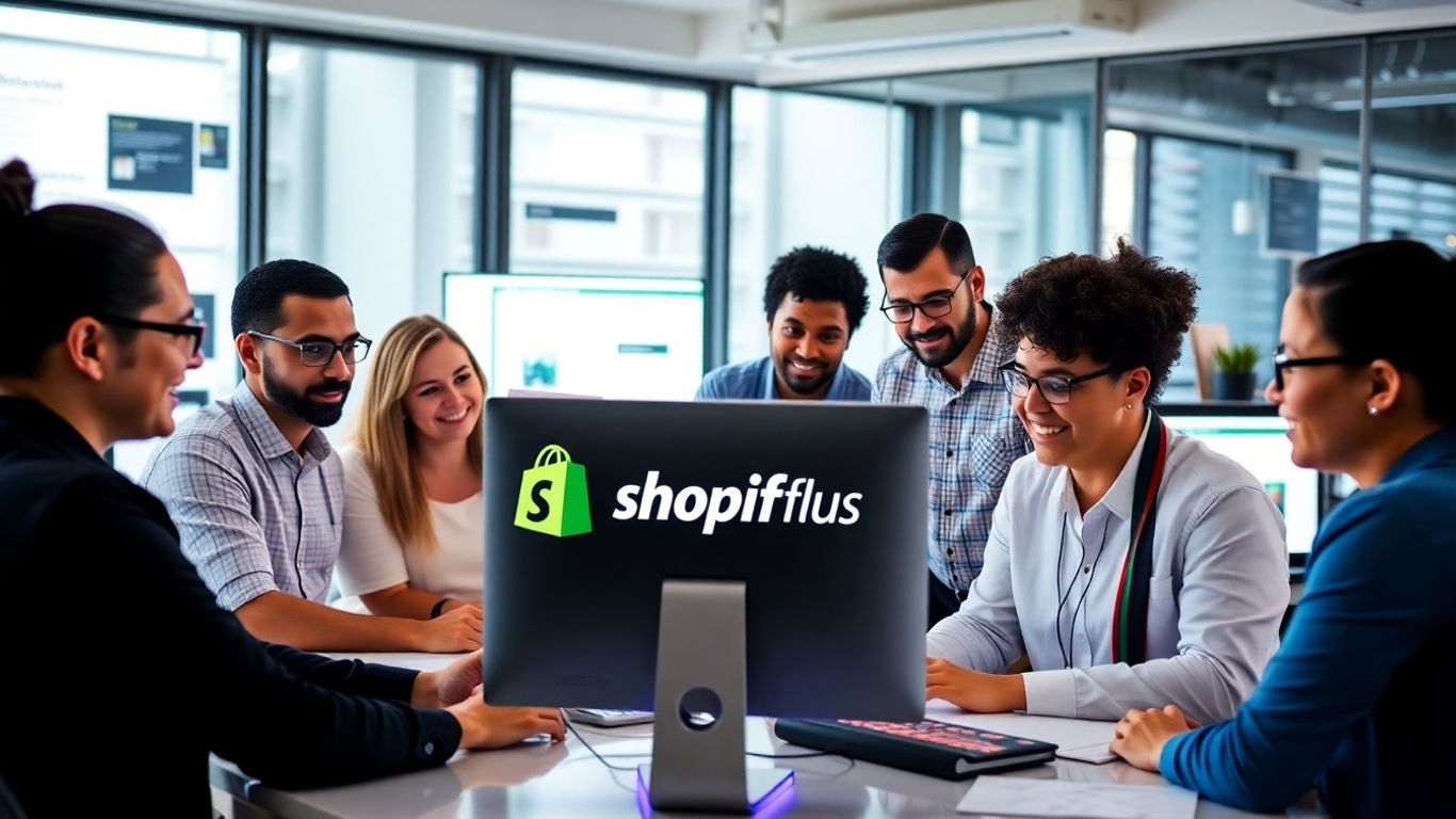 Team collaborating with Shopify Plus logo in workspace