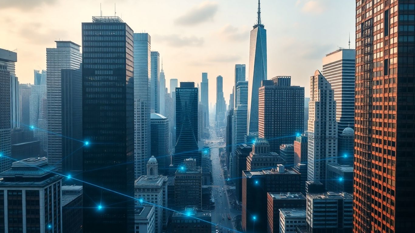 Financial district with digital connectivity hints.