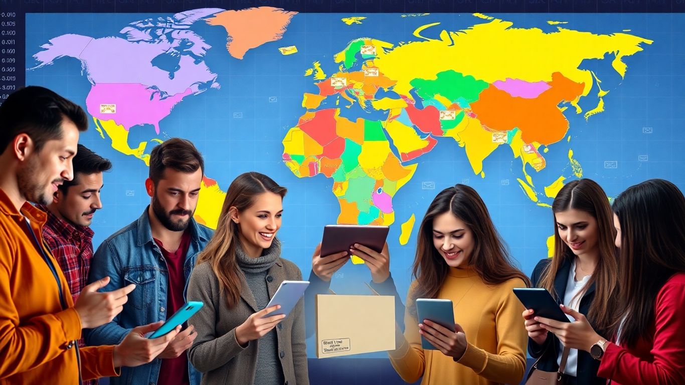 Online merchants with global map and parcel icons.