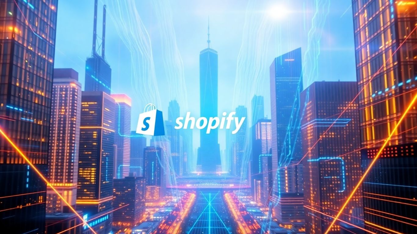 Shopify logo with futuristic city and blue digital lights