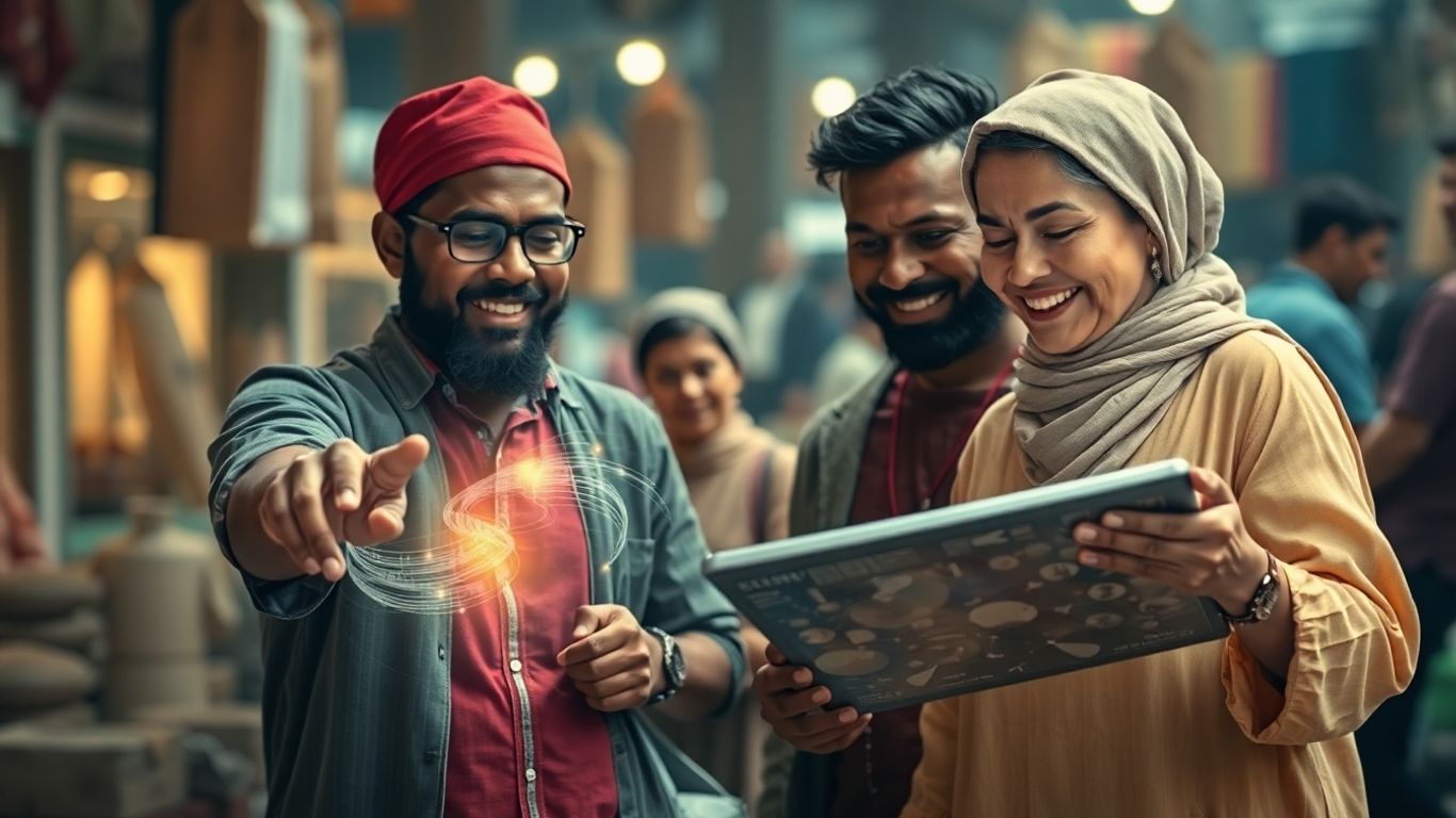 Merchants interacting with digital data visualizations.