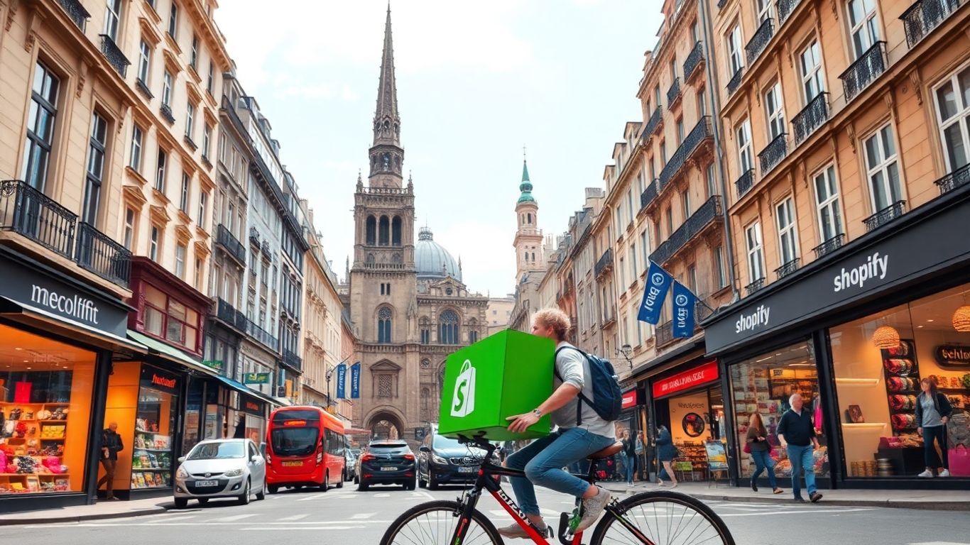 Shopify cyclist riding through busy European city streets