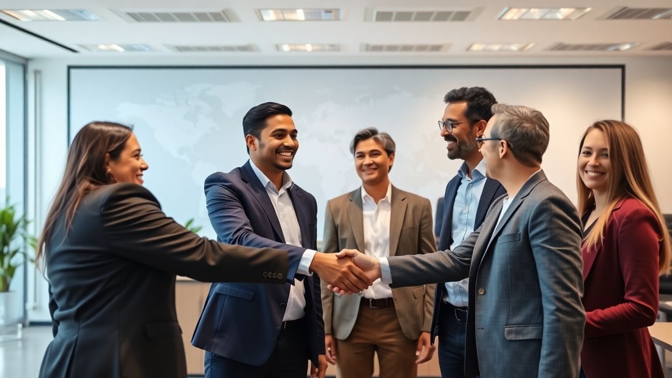 Business partners celebrating with handshake in modern office.