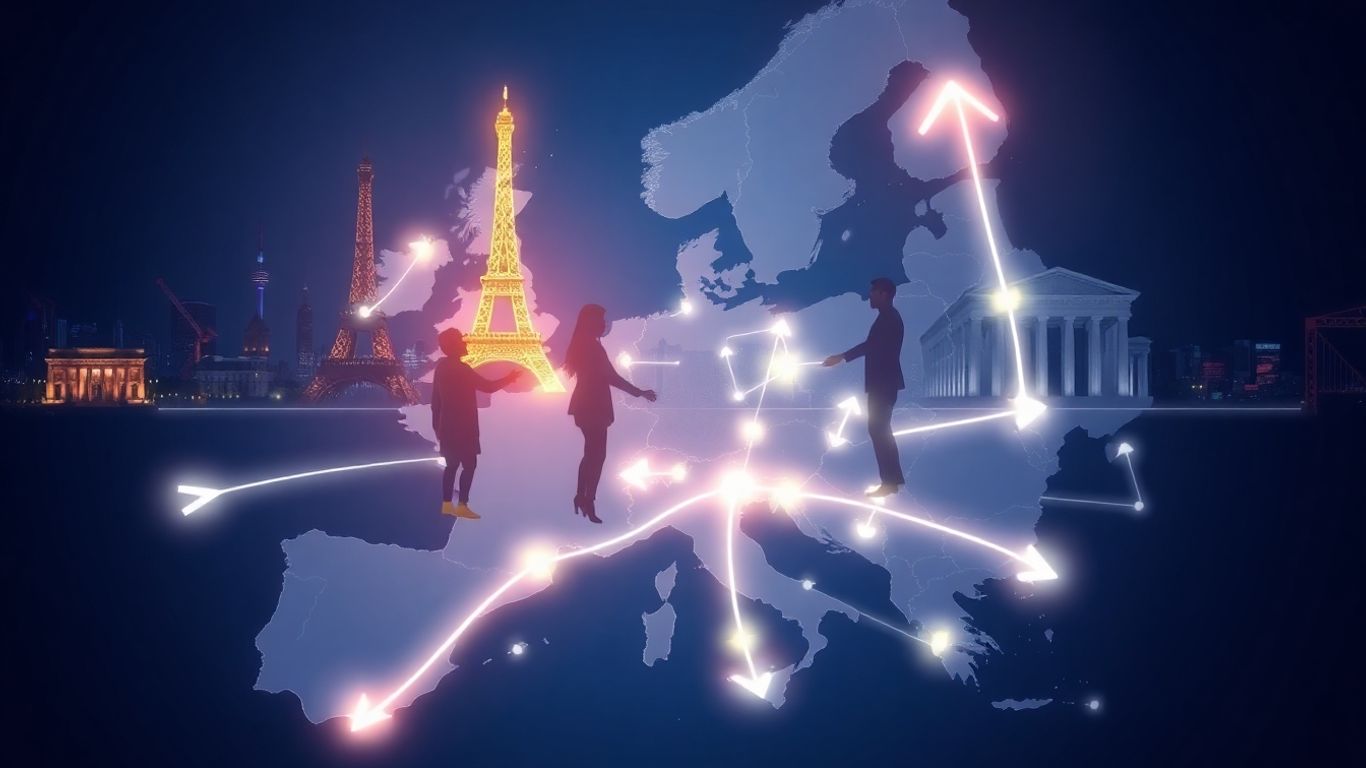 Europe map with glowing digital connections and diverse people