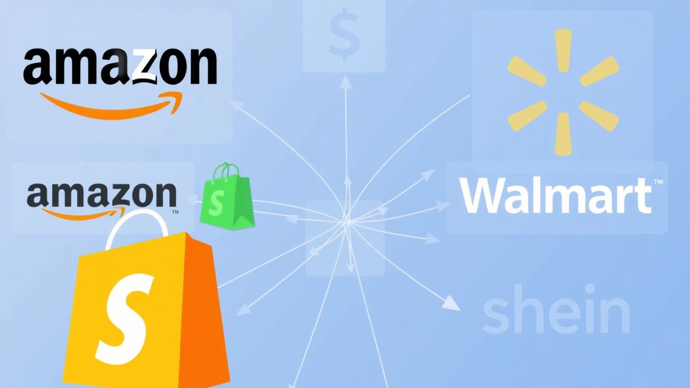 Amazon, Shopify, Walmart, Shein logos connected, e-commerce fulfillment
