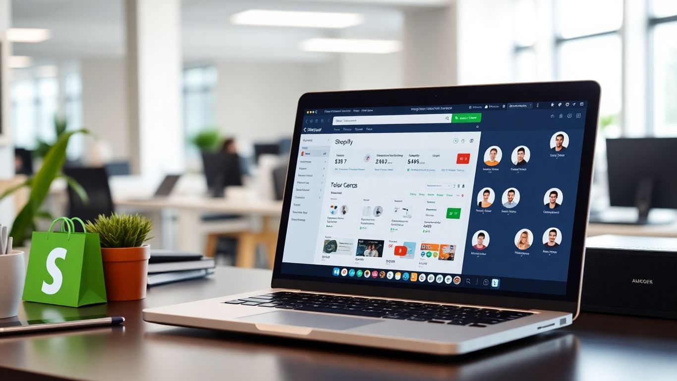 Laptop on Shopify dashboard with digital user profiles