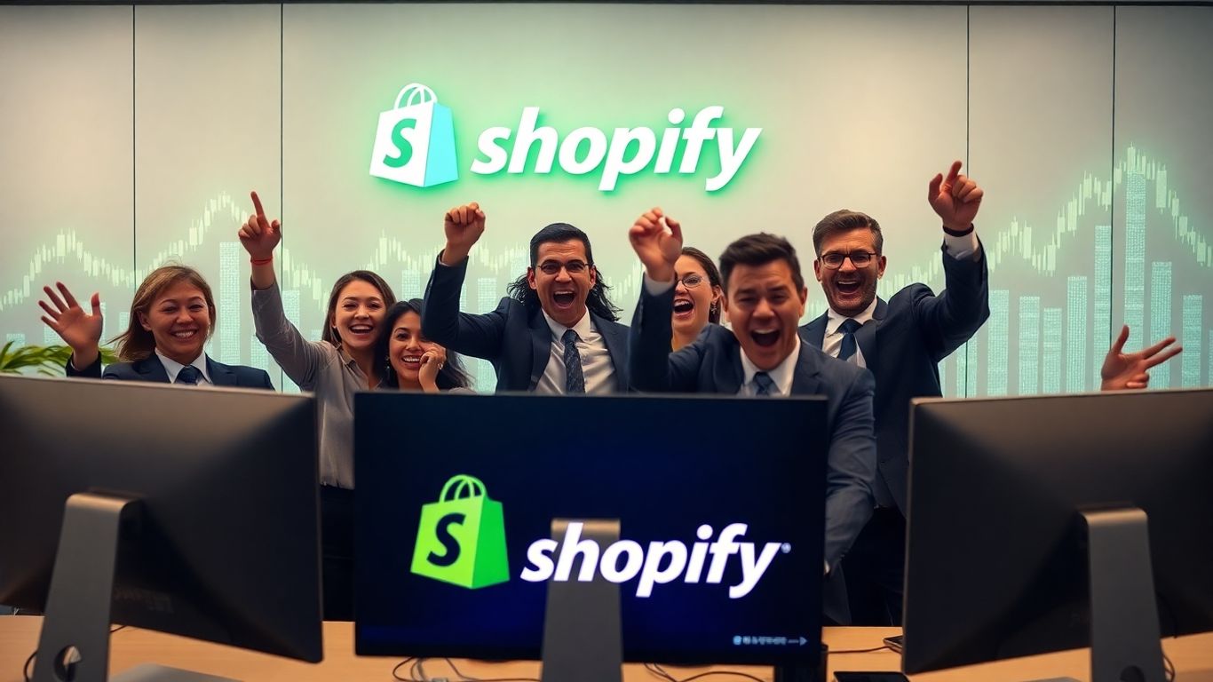 Business professionals with Shopify logo and digital AI elements